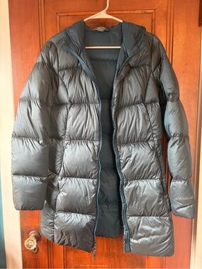 Eddie Bauer Women's Long Hooded Puffer Coat in Dark Teal